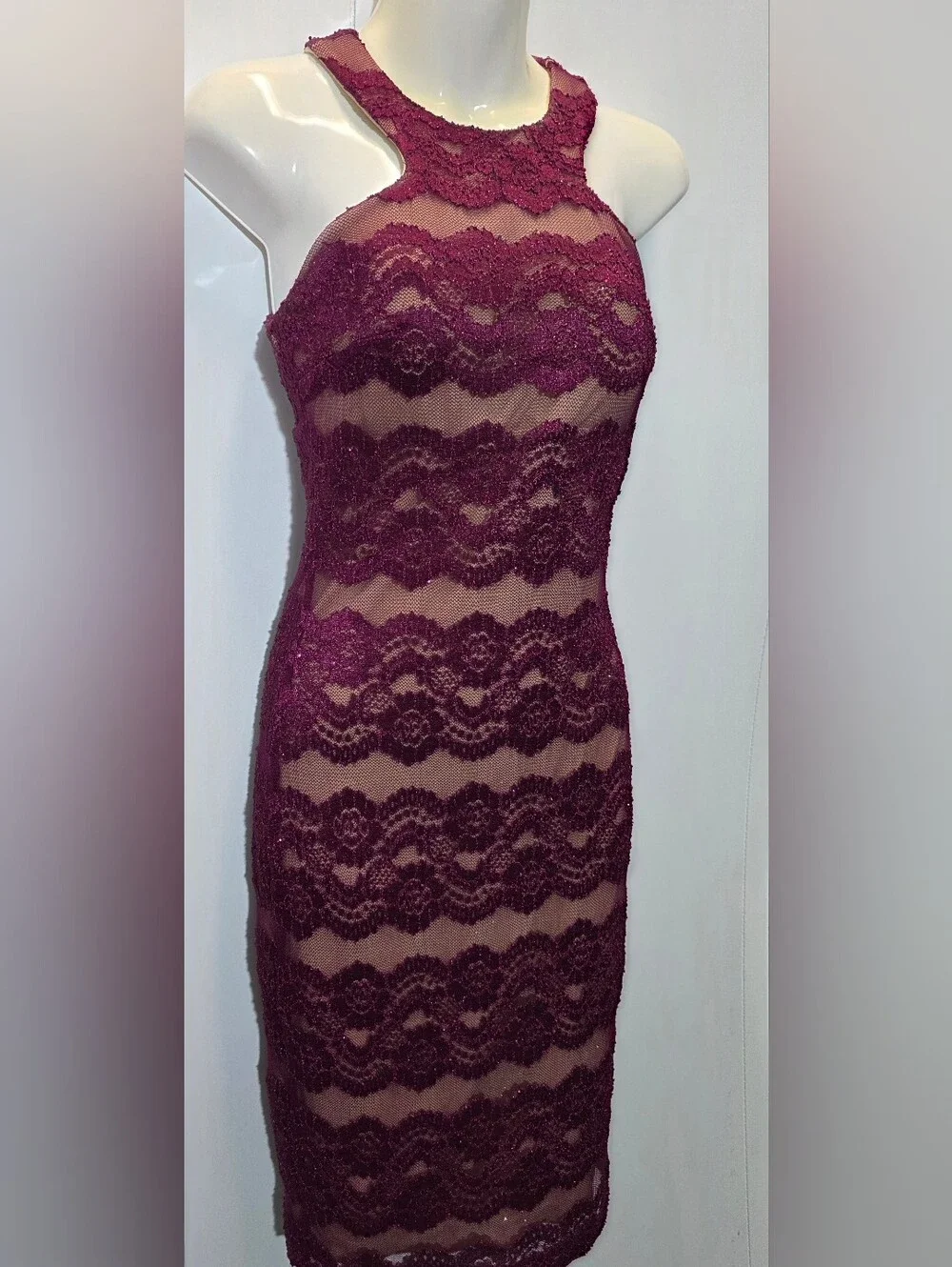 Sheer Lace Halter Chemise - Deep Berry